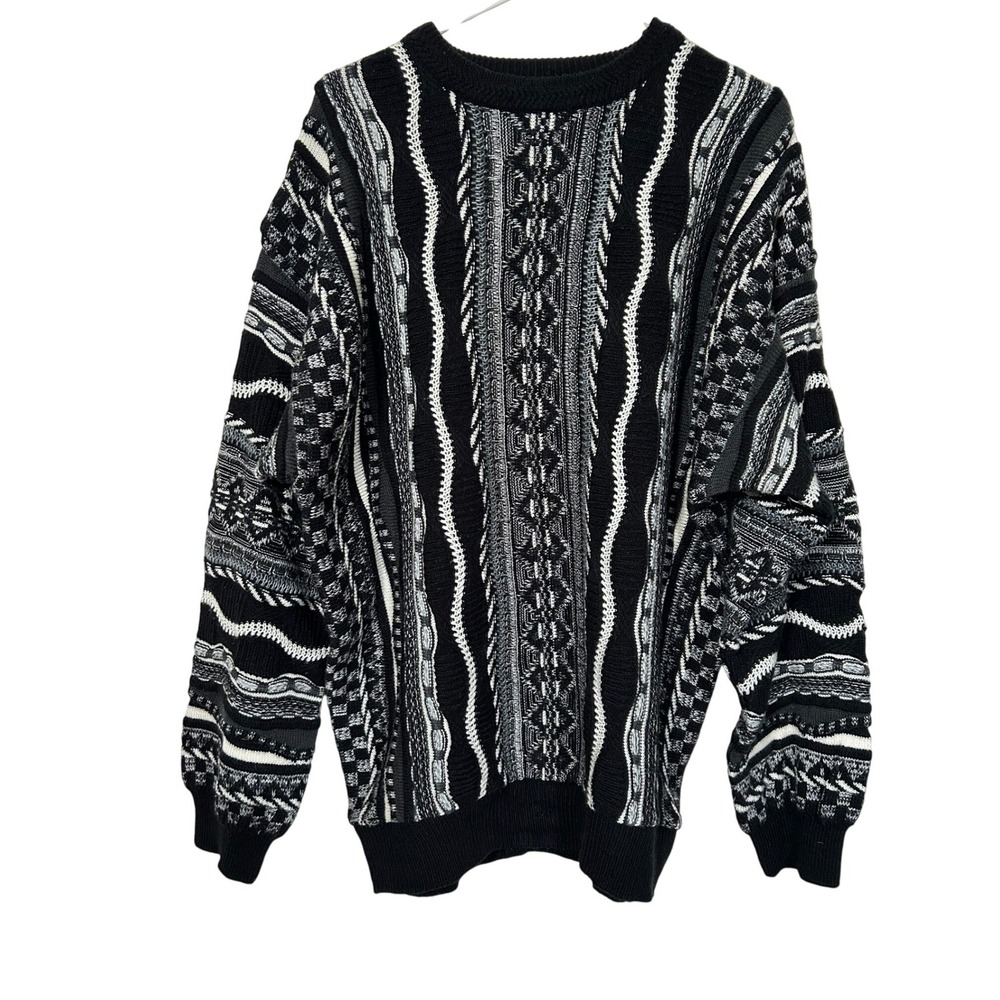 Le Tigre Vintage 3D Textured Knit Sweater Mens Black Grey White Geometric XL